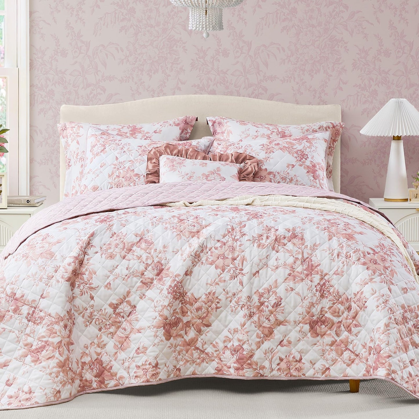 BLOOMHAVEN Quilt Set King Size, Dusty Rose Floral Quilt Sets, Reversible Bedspread Lightweight and Breathable for All Seasons, Soft Quilted Bedspread with 2 Pillow Shams