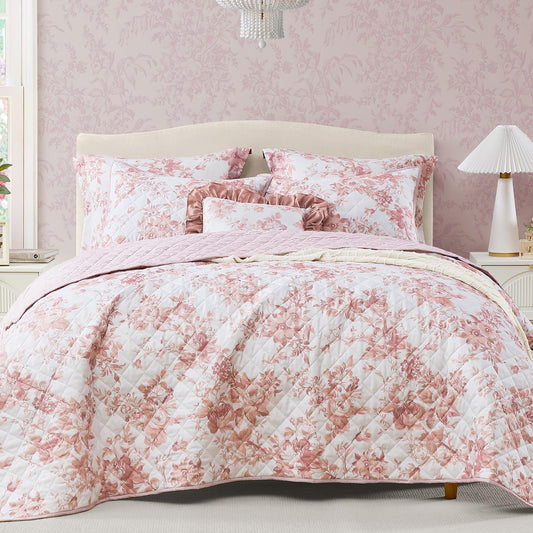 BLOOMHAVEN Quilt Set Queen Size, Dusty Rose Floral Quilt Sets, Reversible Bedspread Lightweight and Breathable for All Seasons, Soft Quilted Bedspread with 2 Pillow Shams