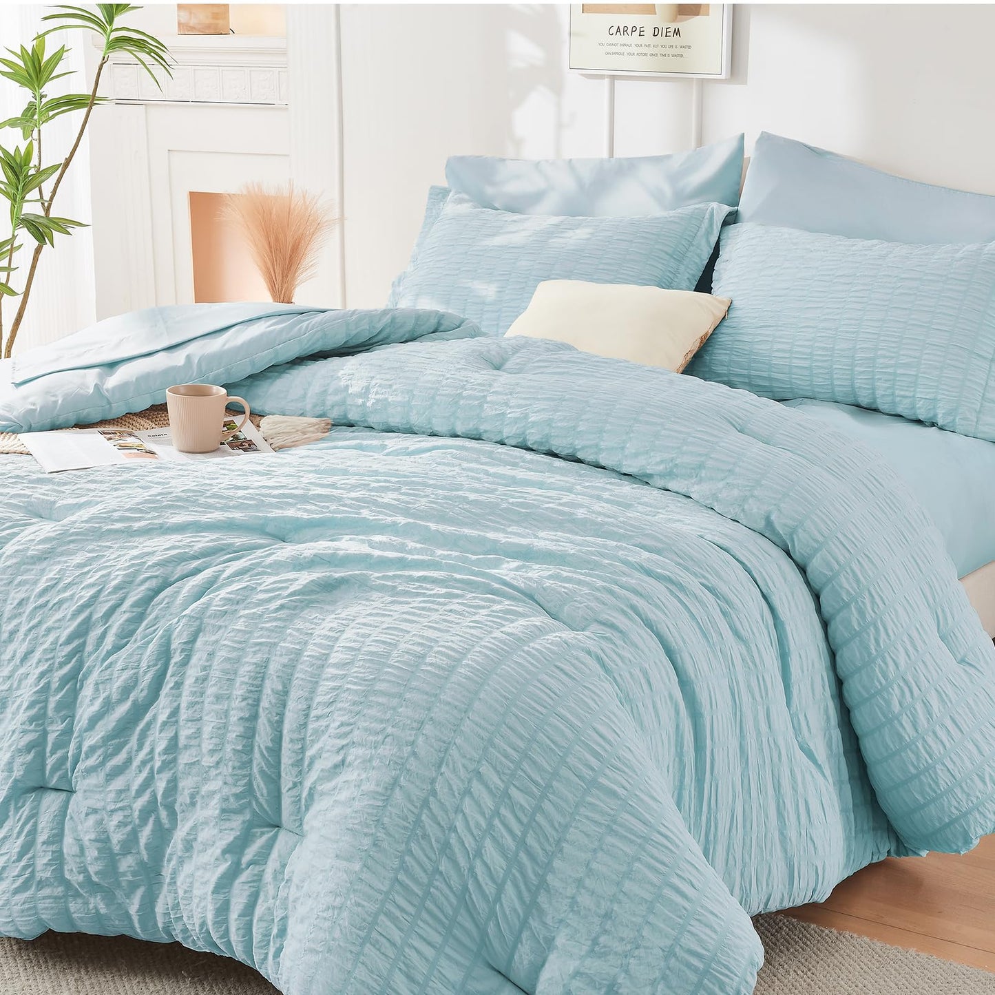 HYMOKEGE Lake Blue Oversized Queen Comforter Set Seersucker 7 Pieces, All Season Luxury Bed in a Bag for Bedroom, Bedding Set with Comforter, Sheets, Pillowcases & Shams