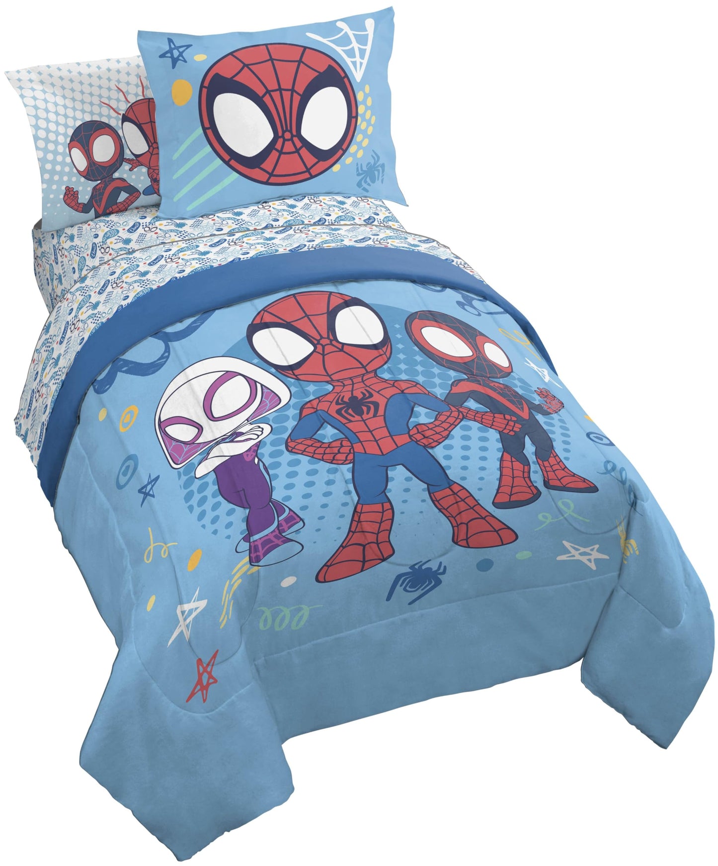 Jay Franco Kids Comforter Set Includes Sheets and Pillow Covers - Soft and Cozy Bed Set for Stylish Room Decor, Light Blue - Spidey & His Amazing Friends, 7 Piece Full Bedding