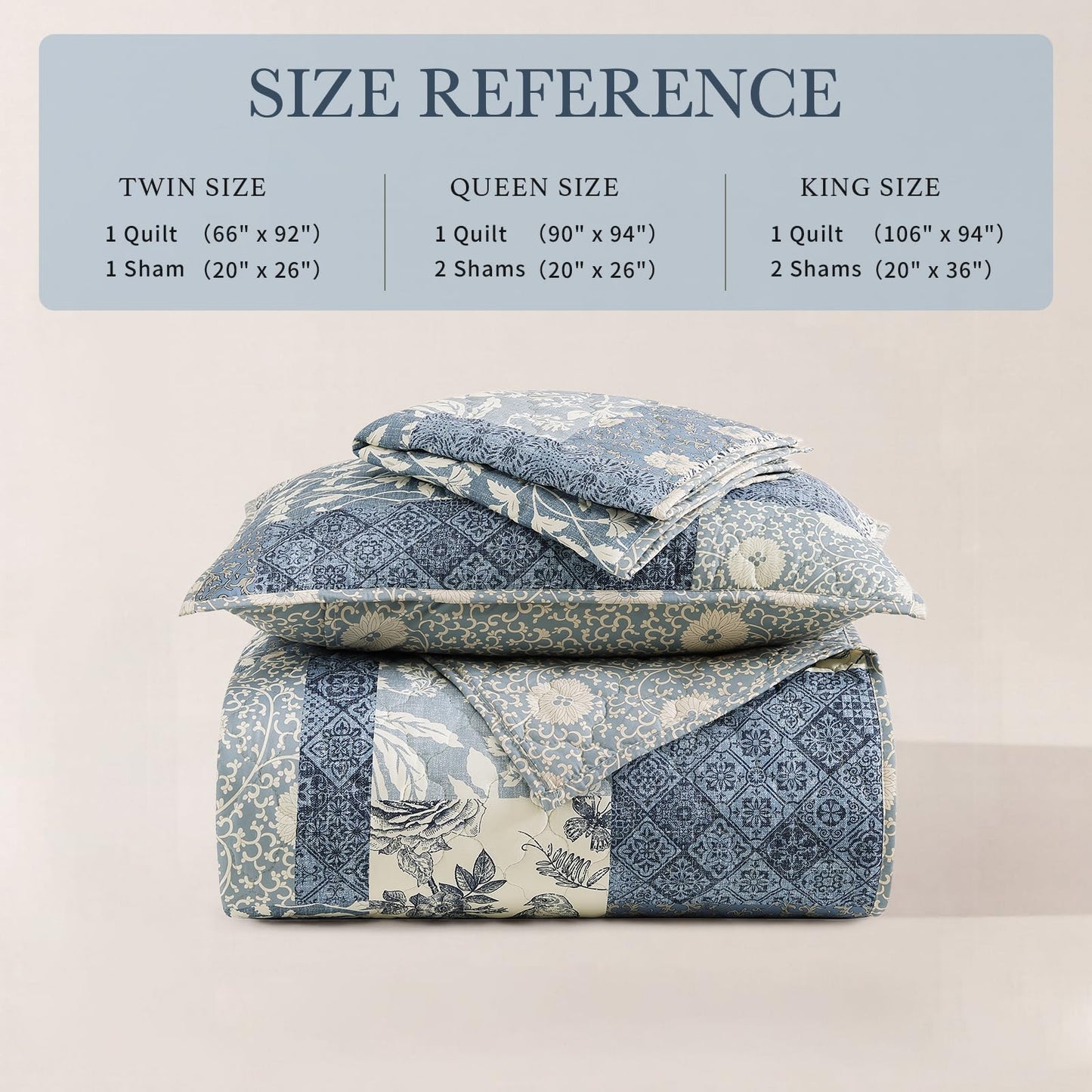 CASAAGUSTO Queen Quilt Set - 3 Pieces Patchwork Blue Quilt Bedding Set, Lightweight Queen Bedspread Coverlet, Reversible Floral Bed Cover for All Seasons (90"x94", 1 Quilt + 2 Pillow Shams)