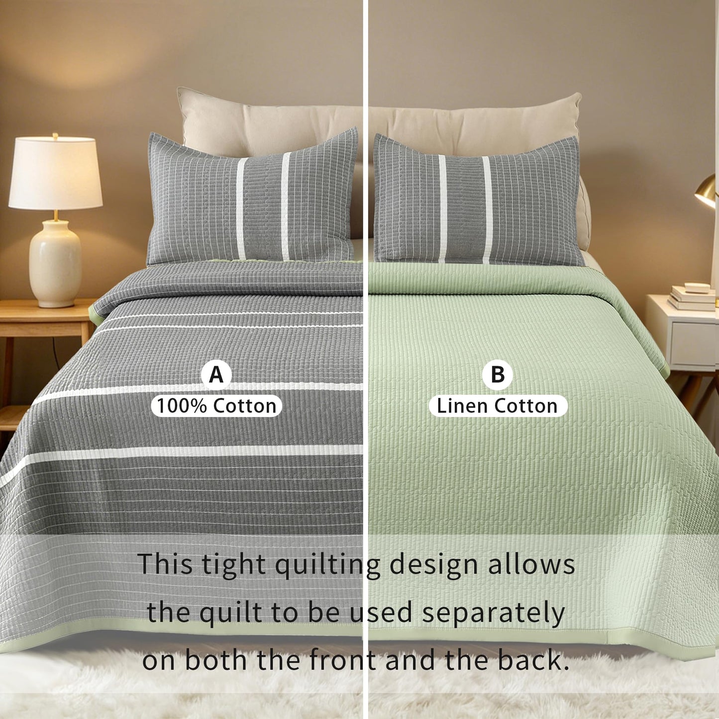 Yonvdns 3 Pieces 100% Cotton Quilt Set Twin Size,Hypoallergenic for Sensitive Skin,Lightweight All Season Coverlet Set, No Clumping After Wash,Anti-Static(Nordic Grey, 90"x78")