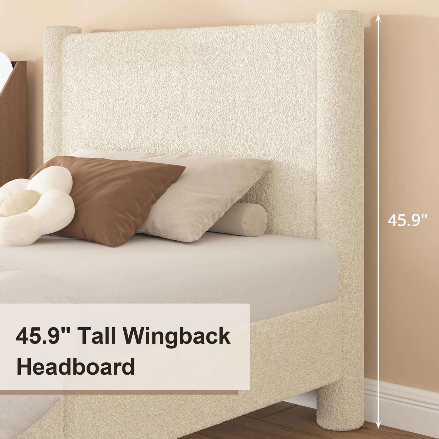 REVOMINCA Twin Size Bed Frame, Boucle Upholstered Platform Bed with Headboard and Footboard, Soft Rounded Corners, No Box Spring Required, Easy Assembly, Cream