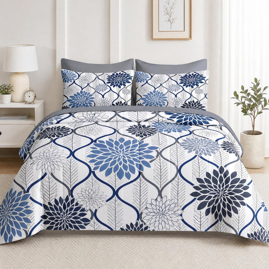 Boewywh Comforter Set Twin Size Floral Blue Geometric 7 Pcs, Bedding for Kids and Adults, Bed Sheet Sets with Fitted Sheet 2 Pillowcases & 2 Shams for Bedroom Bed Decor