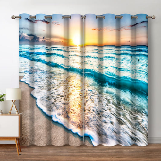 Jekeno Beach Ocean Waves Blackout Curtains Tropical Sea Sunrise Seaside Coastal Scenic Hawaiian Scenery Decor for Home Bedroom Living Room Darkening Grommet Window Drapes 2 Panel Set, 52"x84"