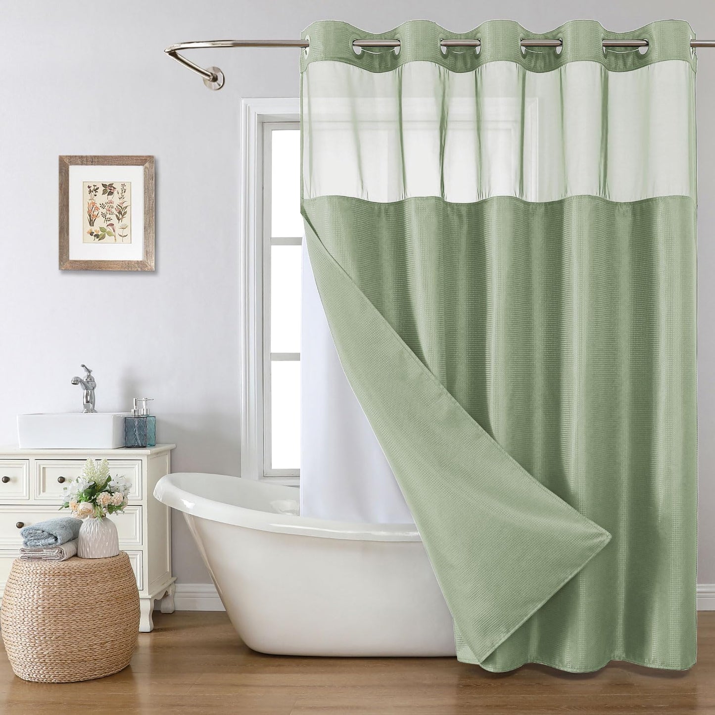 eachope Extra Long No Hook Shower Curtain with Snap-in Fabric Liner Set, Waffle Weave Shower Curtains for Bathroom,Hotel Luxury Decor Bathroom Curtain Set,Waterproof & Washable,71Wx86H,Sage Green