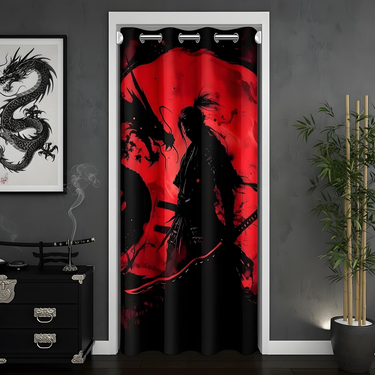 jejeloiu Japanese Samurai Warrior Door Curtain for Doorway Window 34" x 80" Samurai Thermal Insulated Temporary Room Dividers Sunset Closet Cover Black Dragon Bedroom Living Room Microfiber