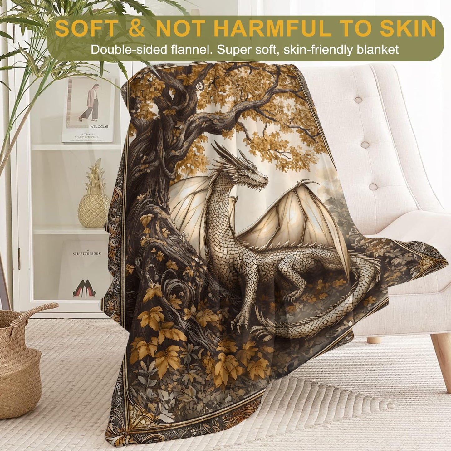 ainori Autumn Dragon Fleece Blanket - Lightweight Soft Cozy Gifts Throw for Fantasy Lovers,Women,Men,Enchanting Tree of Life Blankets,Home Room Modern Artistic Decor 50x60in