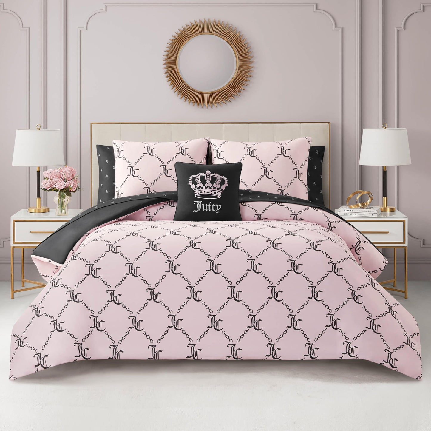 Juicy Couture Light Pink/Black Link Logo Printed Comforter Set, Queen – Complete 8-Piece Bed in a Bag Collection