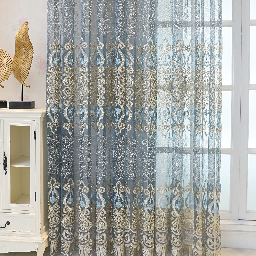 Amidoudou 1 Pair European Jacquard Sheer Curtains Embroidered Tulle Curtains Living Room Bedroom Luxury Translucent Curtains (Blue Grey,51x96 Inch)