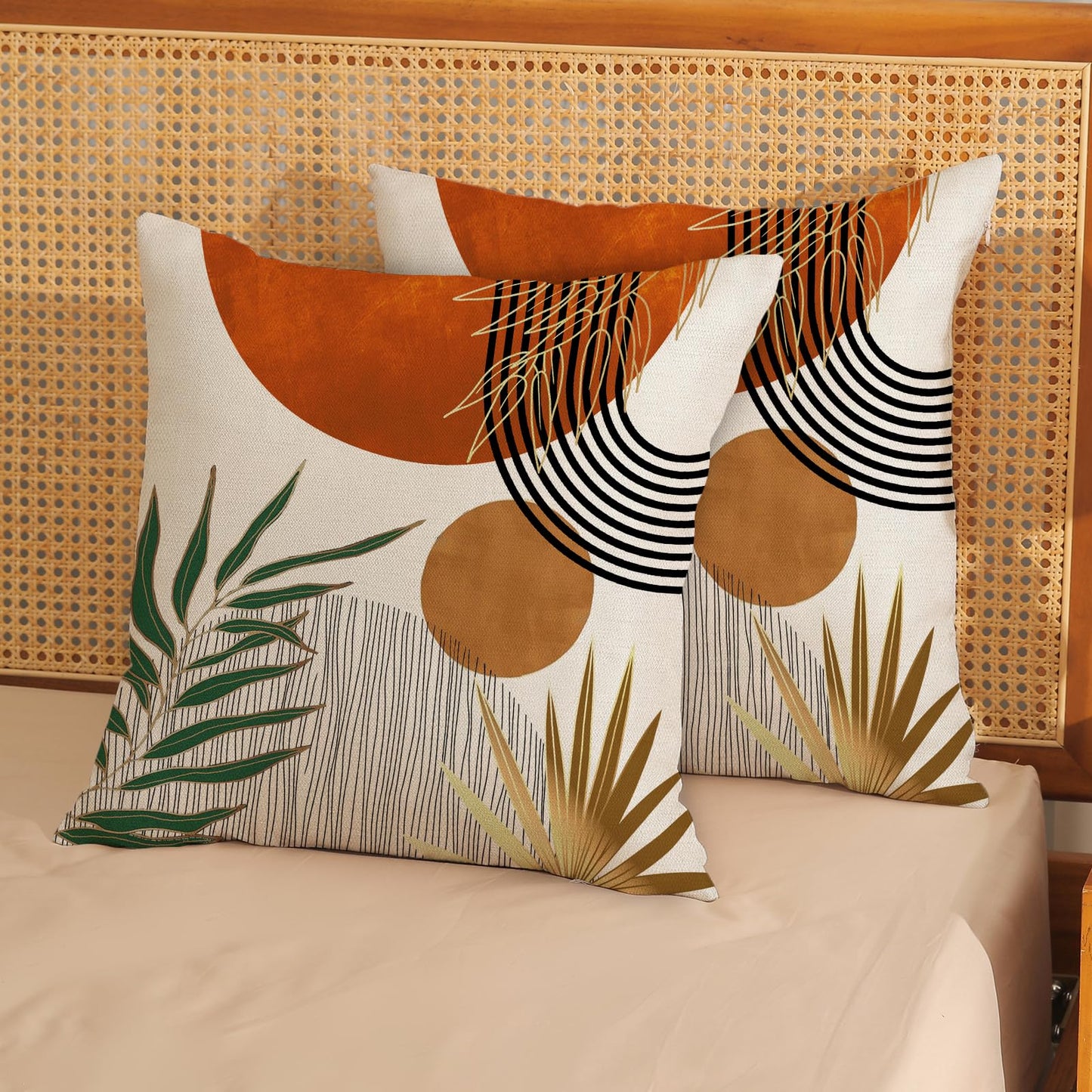 Boho Pillow Covers 18x18 Set of 2 Green Gold Orange Throw Pillows Tropical Leaves Sunset Decor Modern Mid Century Pillowcase Outdoor Decorations Bohemian Linen Cushion Case for Couch Sofa Bed