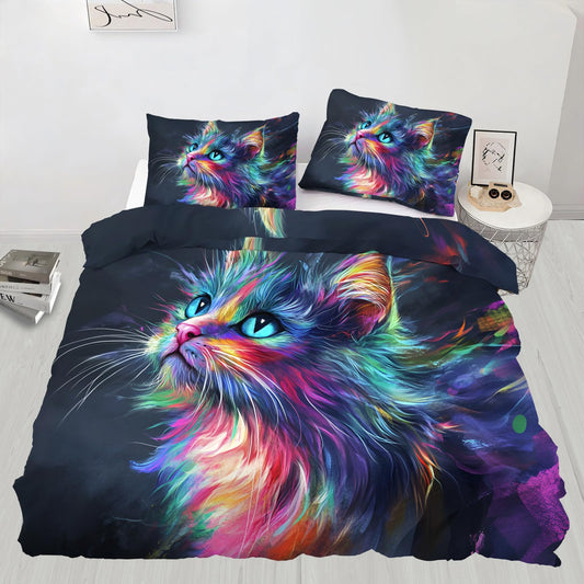 PAISUOQ Cat Print Duvet Cover Full, Mystical Cat Bedding, Colorful Animals Comforter Cover with 2 Pillow Cases, 3 Pieces with Zipper & Ties, Bedroom Decor & Gifts