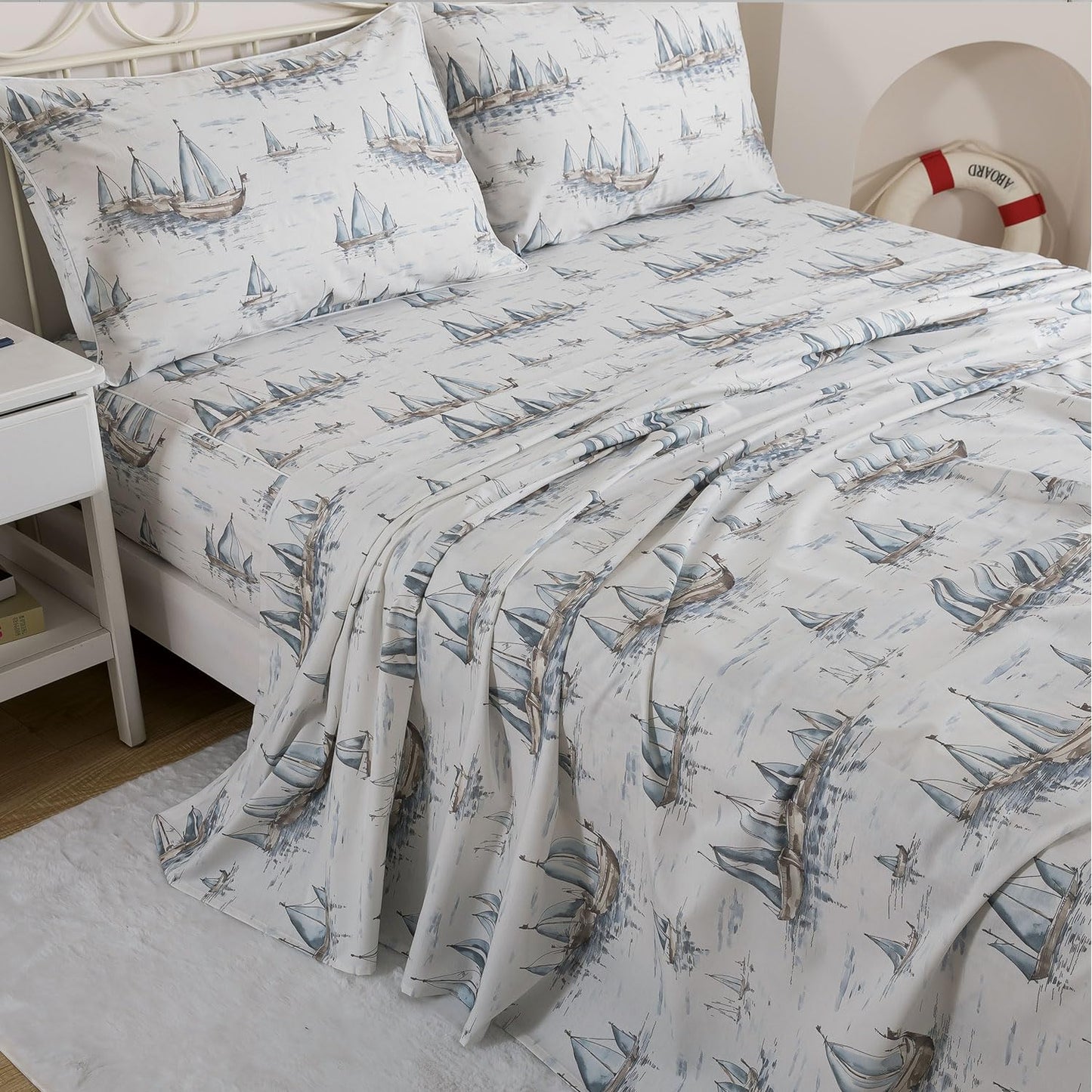 FADFAY Premium 100% Cotton Sheet Set Queen – Coastal Nautical Sailboat Bedding, Soft Gray Seaside Harbor Print, Soft Breathable Cooling Bed Sheets, Deep Pocket Luxury Coastal Bedding 4 Piece