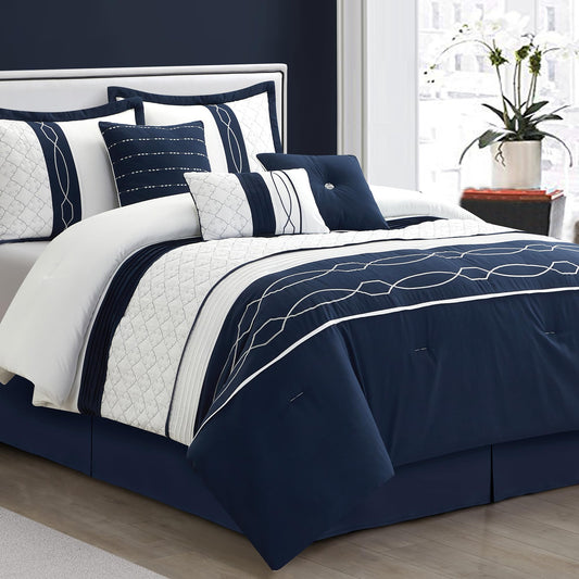 LANCO MODERN LIFESTYLE 7 Piece Comforter Set, Queen, White Navy Geometric Design, 100% Polyester, Luxury All Seasons Bed Set Includes Comforter, Bed Skirt, Pillow Shams, and Decorative Pillows
