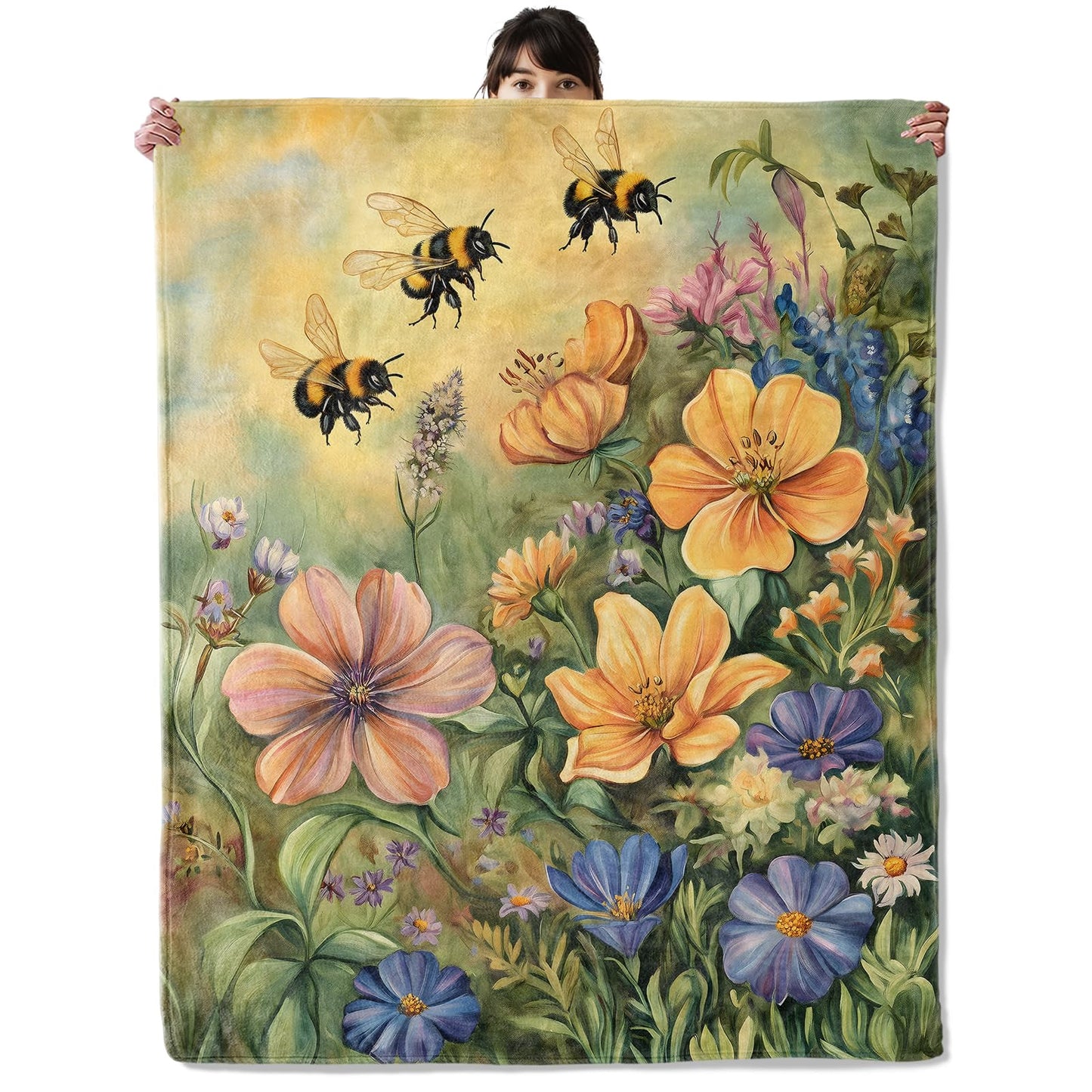 onlcuk Buzzing Bees and Wildflowers Blanket, Cozy Flannel Floral Throw Blanket, Soft Fuzzy Blankets for Travel Home Decor, All Season Lightweight Couch Bed Cover, Gifts for Women Adults Kids 50"×60"