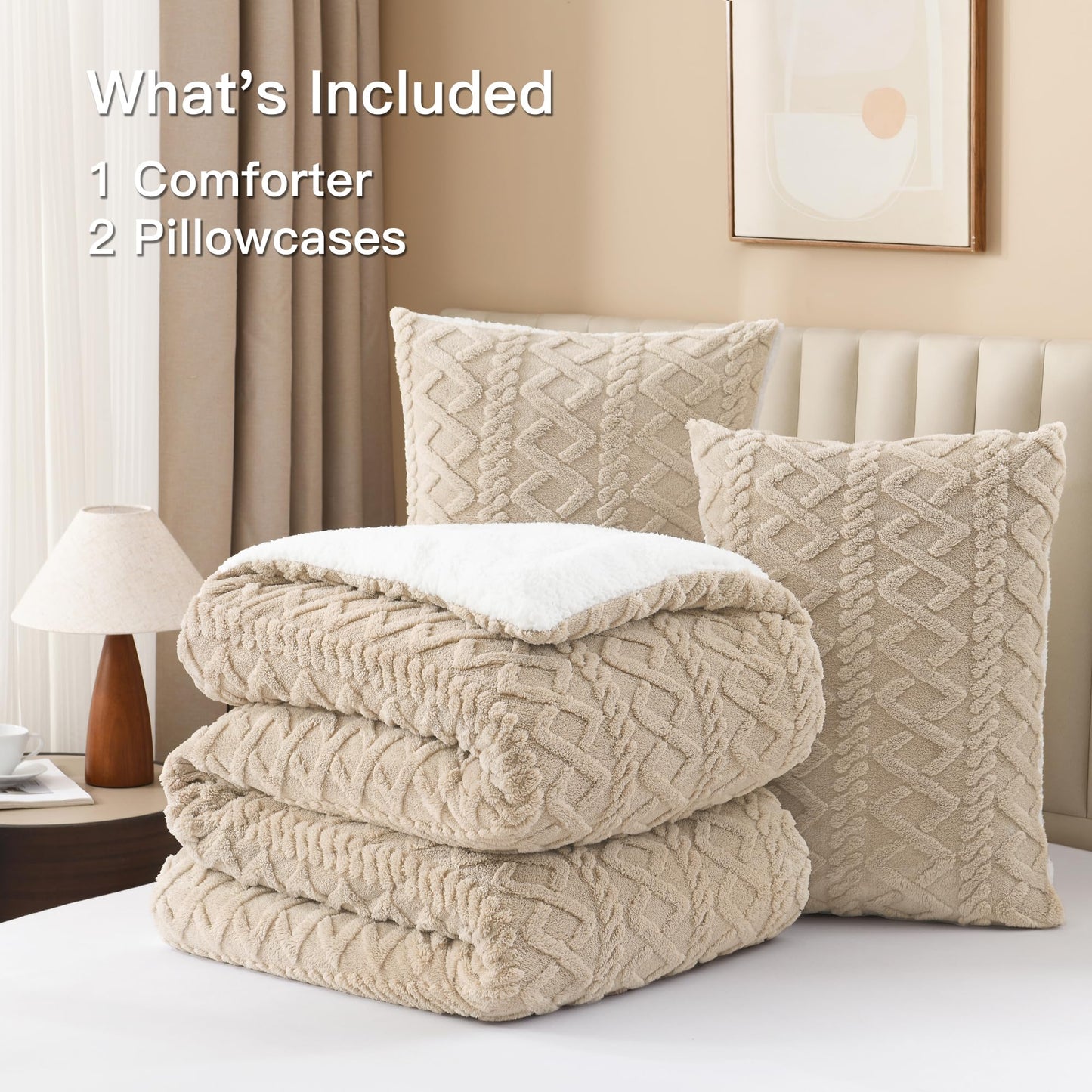 Andency Fluffy Sherpa Full Comforter Set, Super Soft Beige Fleece Warm Bedding for Winter, Luxury Jacquard Boho Thick Fuzzy Plush Bed Set 3 Pieces(1 Shaggy Comforter, 2 Pillowcases)