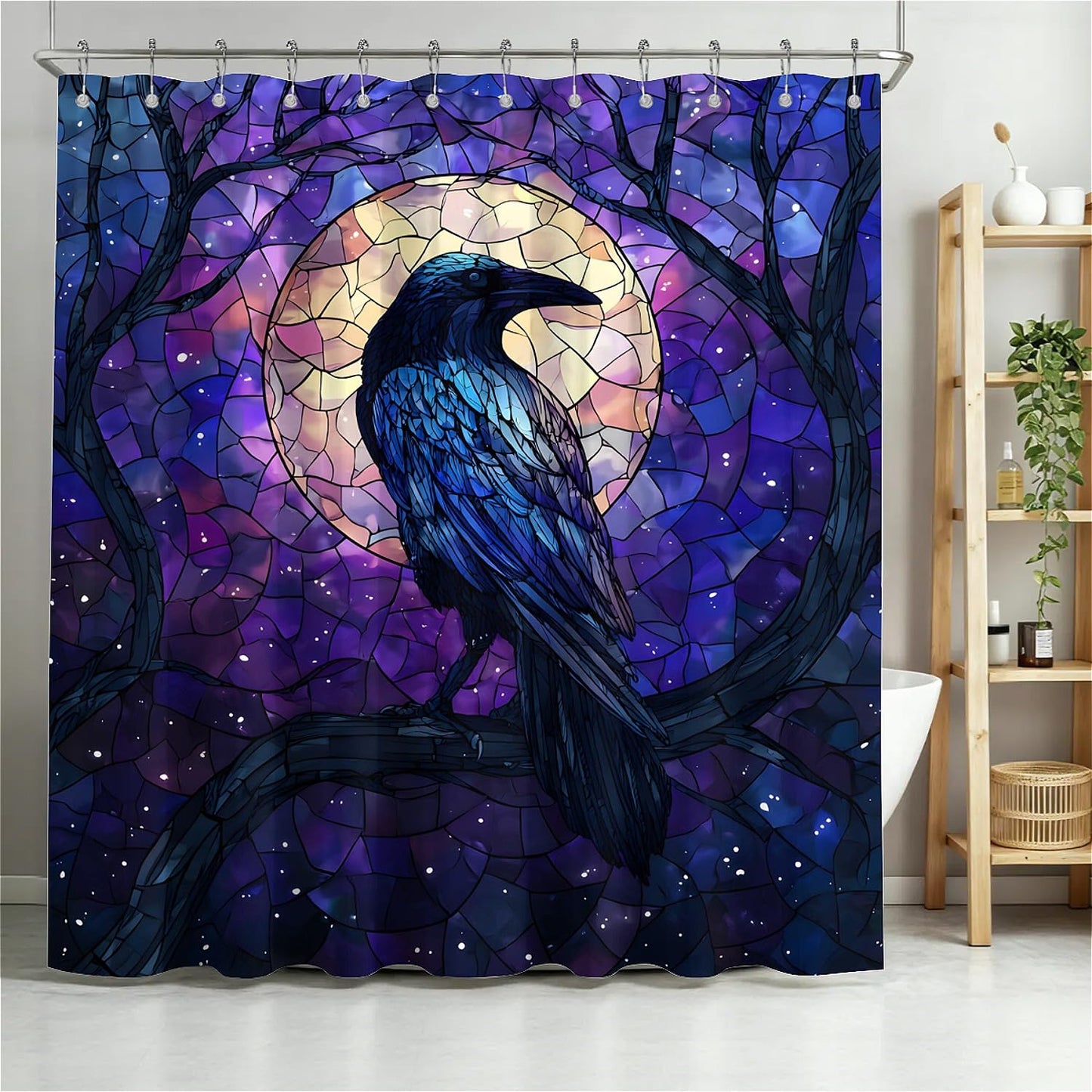 TANGXUNFA Blue and Black Raven Shower Curtain for Bathroom, Water-Resistant Long Shower Curtain Set 72x72 Inch with Metal Grommets and 12 Metal Hooks