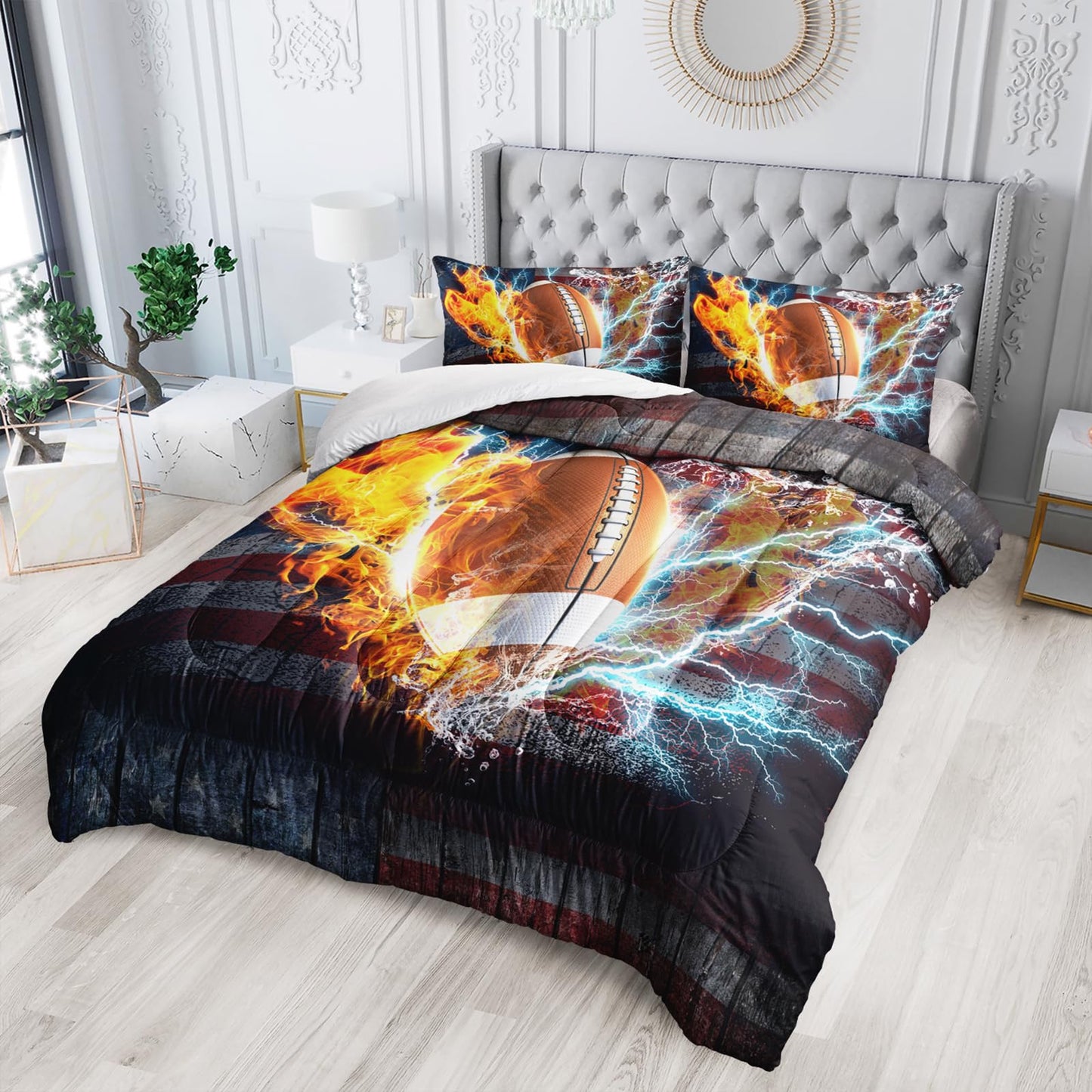 Nttopship Football Comforter Sets King Size, Bedding Sets 3PCS for Kids,US Flag and Fire Football Bedding Sets Sets All Season 1 Comforter and 2 Pillowcases