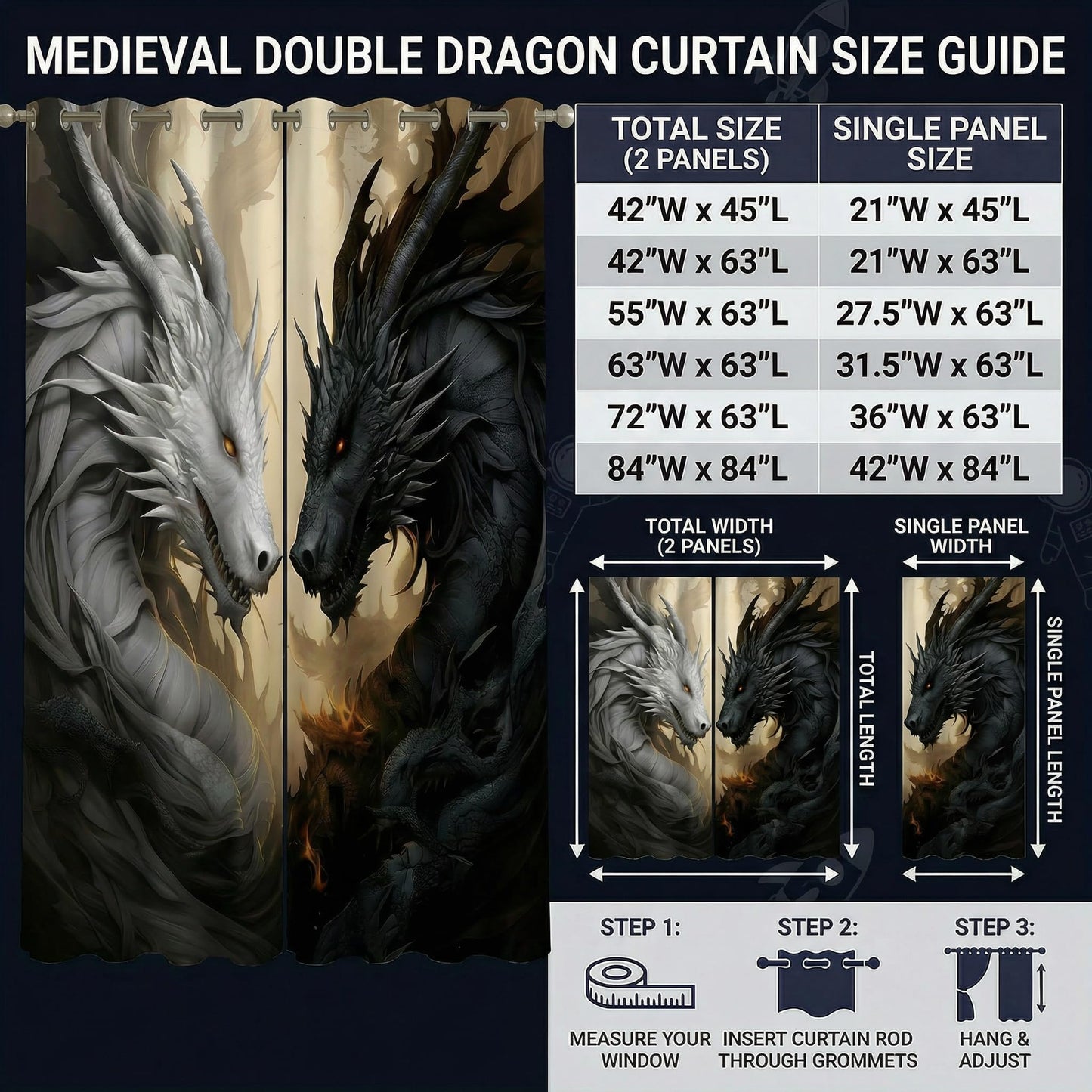 Dragon Blackout Curtains for Girls Boy Home Decor, Fantasy Medieval Magical Black White Dragon Grommet Thermal Insulated Drapes Darkening Window Curtain for Bedroom Living Room, 42 x 45 Inch