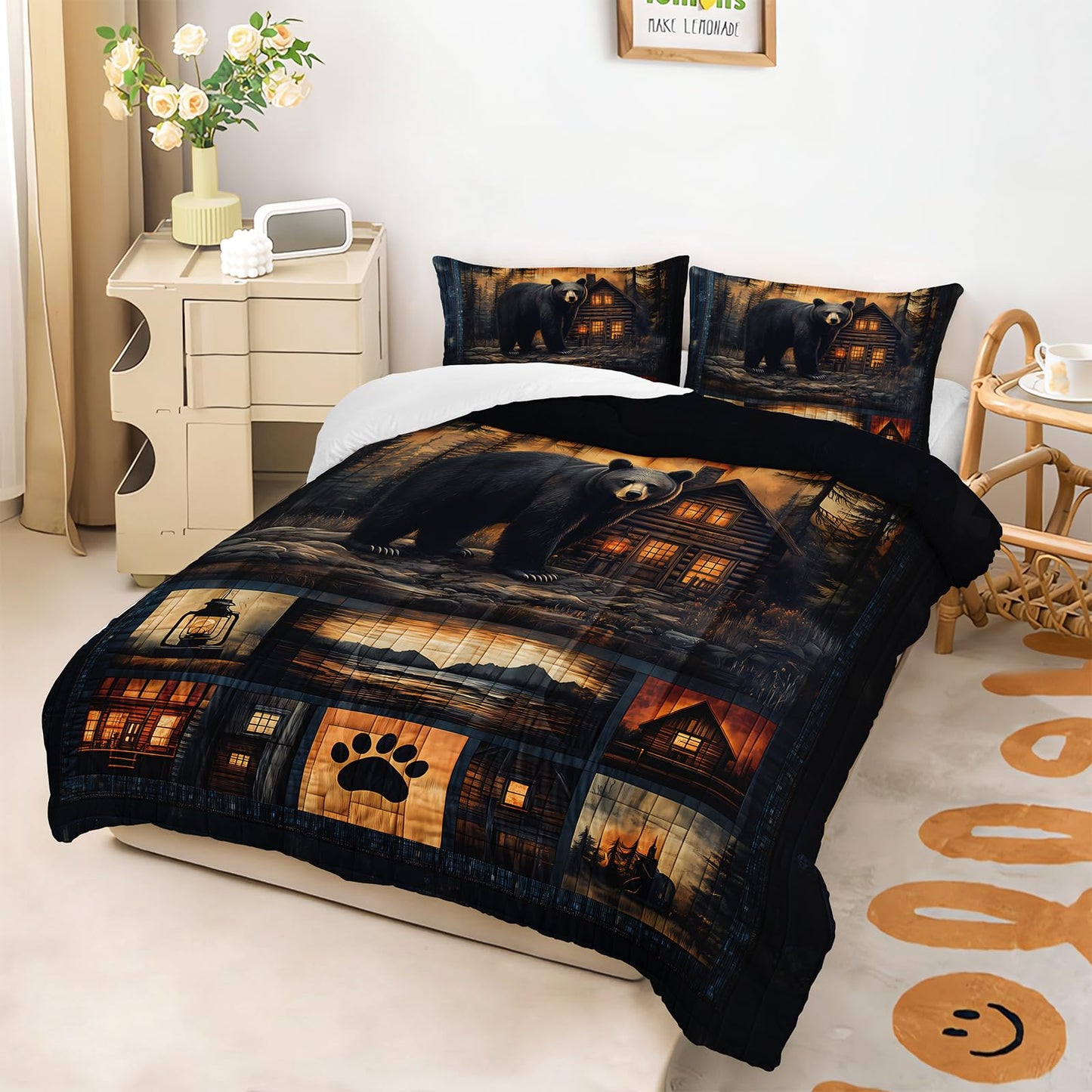 lneffble Black Bear Comforter Set Twin Size for Boys Kids,Rustic Theme Woodland Cabin Lodge Bear Hunting Bedding Set,Soft Microfiber Wildlife Forest Animals Print Quilt Set