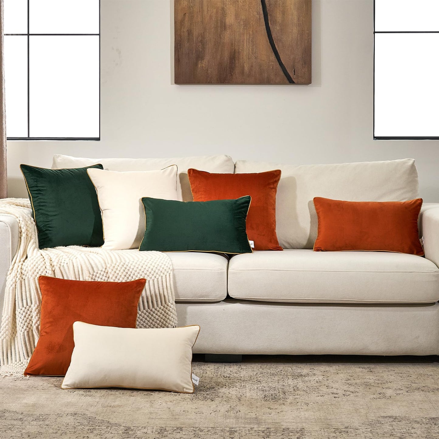 Aeckself Pack of 2 Green Velvet Pillow Covers 24 x 24 Inch, Large Modern Luxury Decorative Pillowcase with Gold Trim Edge, Comfortable Soft Solid Cushion Case for Couch Bedroom Living Room