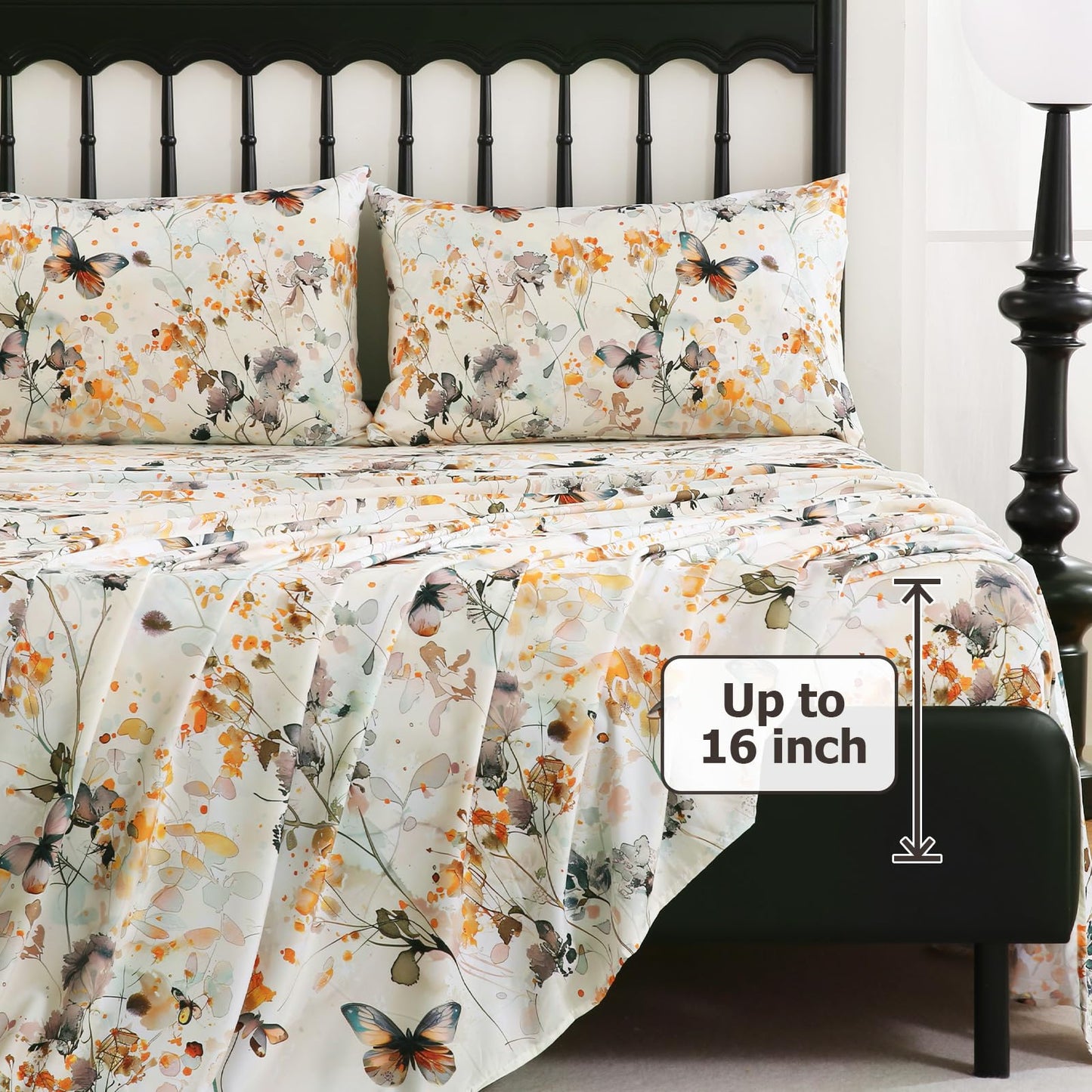 CozySmile Floral Printed Sheet Set King Size 4 Piece,Soft & Breathable Deep Pocket 16" Cooling Wrinkle Free Comforter Bed Set Botanical Pattern Sheets (King, Butterflies Dancing)