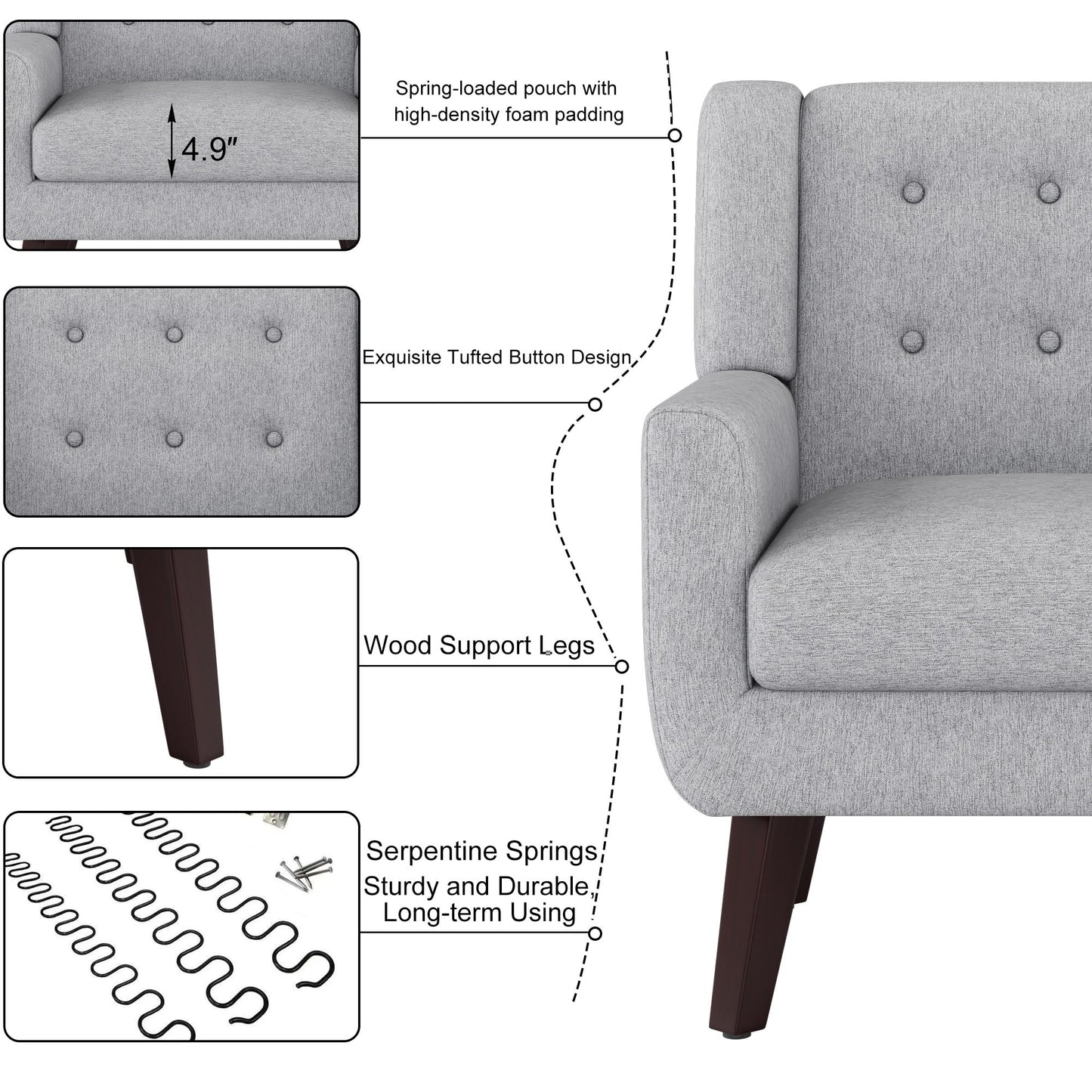 FaFaSoGoodFa Linen Fabric Living Room Chairs, Accent Chair, Mid Century Modern Armchair for Living Room, Bedroom Button Tufted Upholstered Comfy Reading Sofas,Vanity Chair (2, Light Grey)