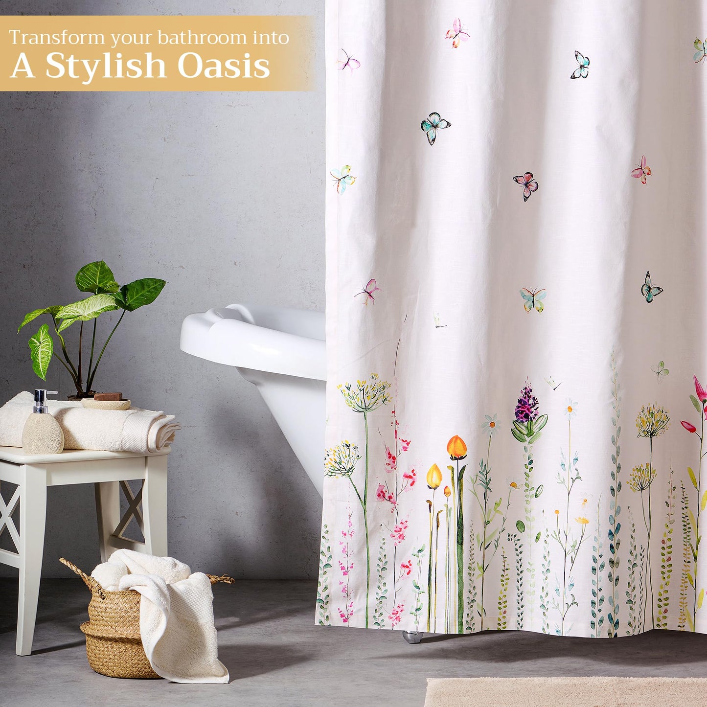 Maison d' Hermine Shower Curtain 100% Cotton One Panel 70"x72" Washable Fabric Shower Curtains for Bathroom, Easy Hanging with 12 Button Holes - Home Hotel Resort Spa Spring Summer - Botanical Fresh