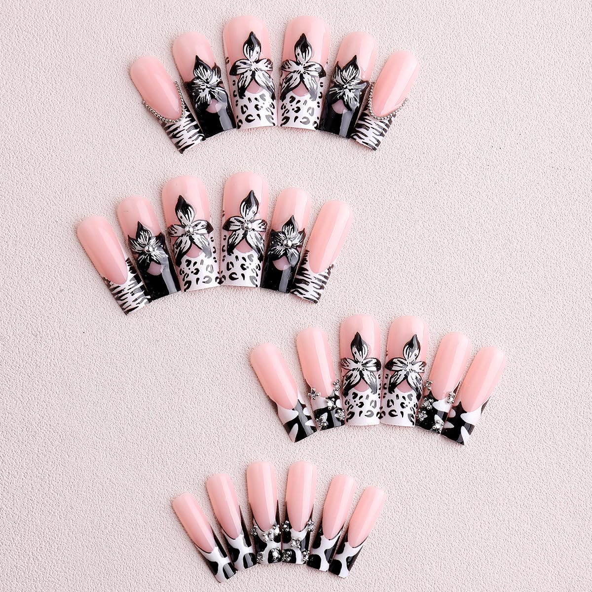 plalely Square Press on Nails Long Cow Print Fake Nail 3D Flowers Designs Acrylic Nail Press ons Sparkly Rhinestones Stick on Nails for Women 24pcs