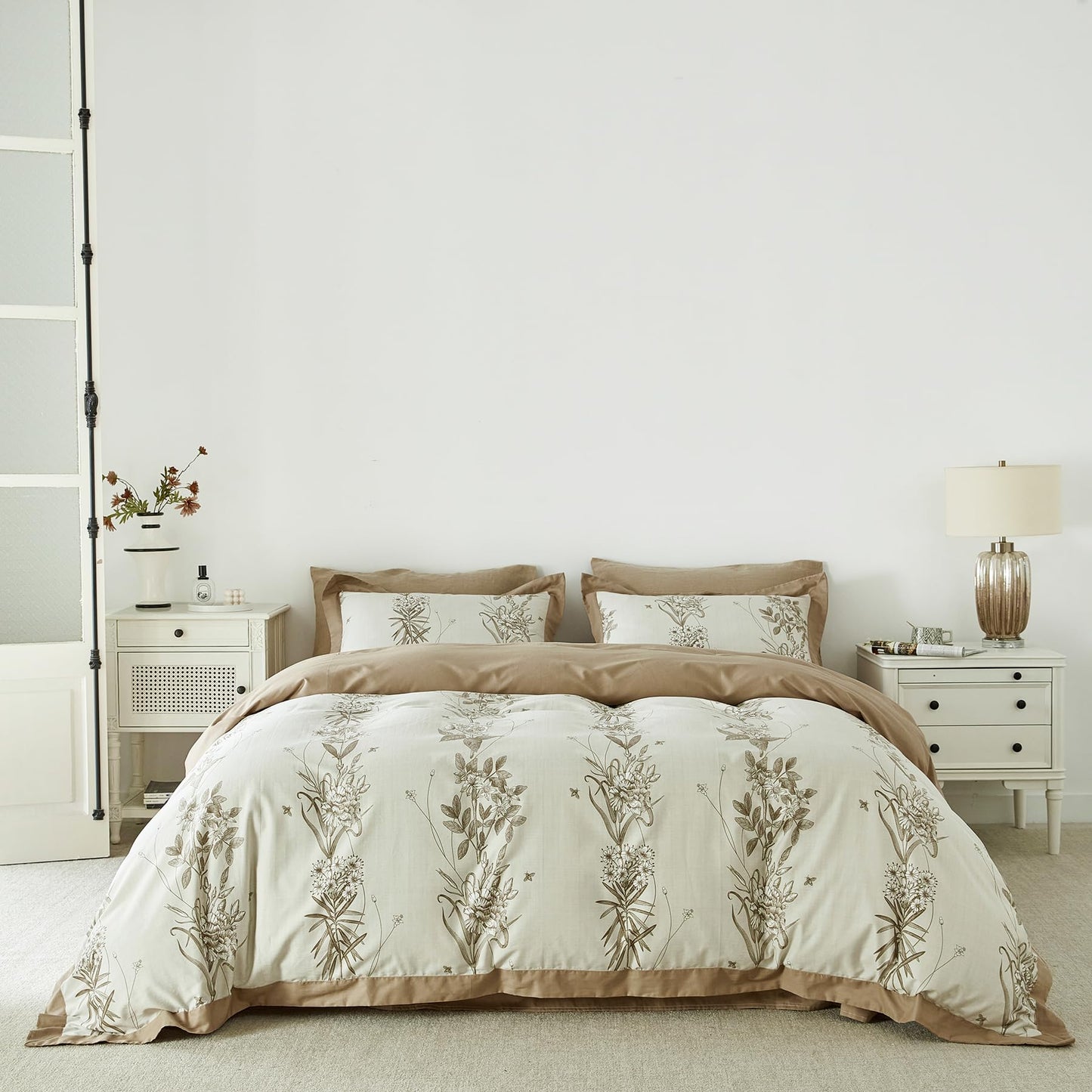 YuHeGuoJi Beige Floral Duvet Cover Queen 100% Cotton 3 Pcs Set 1 Khaki Botanical Duvet Cover with Zipper Ties 2 Pillow Shams Honeybee Taupe Flower Honeybee Print Wide Trim Bedding Set Soft