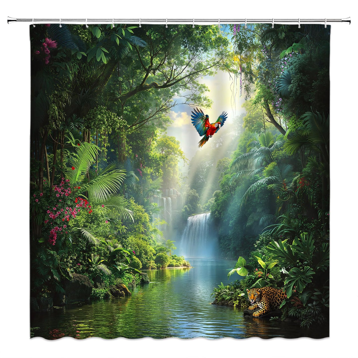 Rainforest Waterfall Shower Curtain Green Nature Forest Waterfall Wild Animal Leopard Parrot Tropical Plant Jungle Scenery Bathroom Fabric Curtain with Hooks,70x70 Inches
