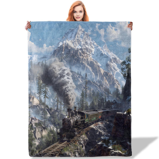 Plistiz Steam Train Throw Blanket 50x60, Train Theme Blankets for Living Room Decor, Soft Flannel Train Gifts for Women