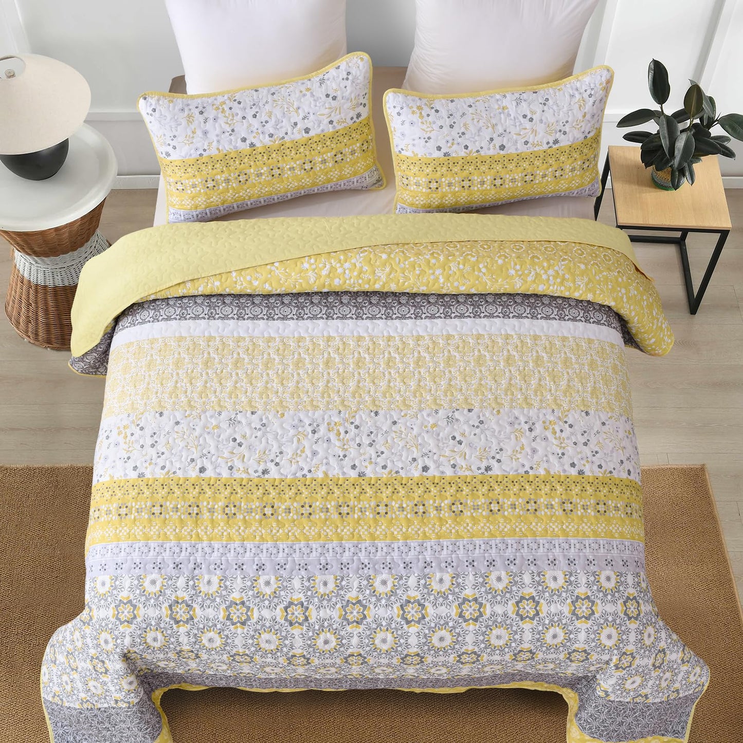 WONGS BEDDING Boho Quilt Set Queen, Yellow Bohemian Striped Patchwork Bedspread Coverlet Set with 2 Pillowcases, Microfiber Floral Bedding Set 96''×90''