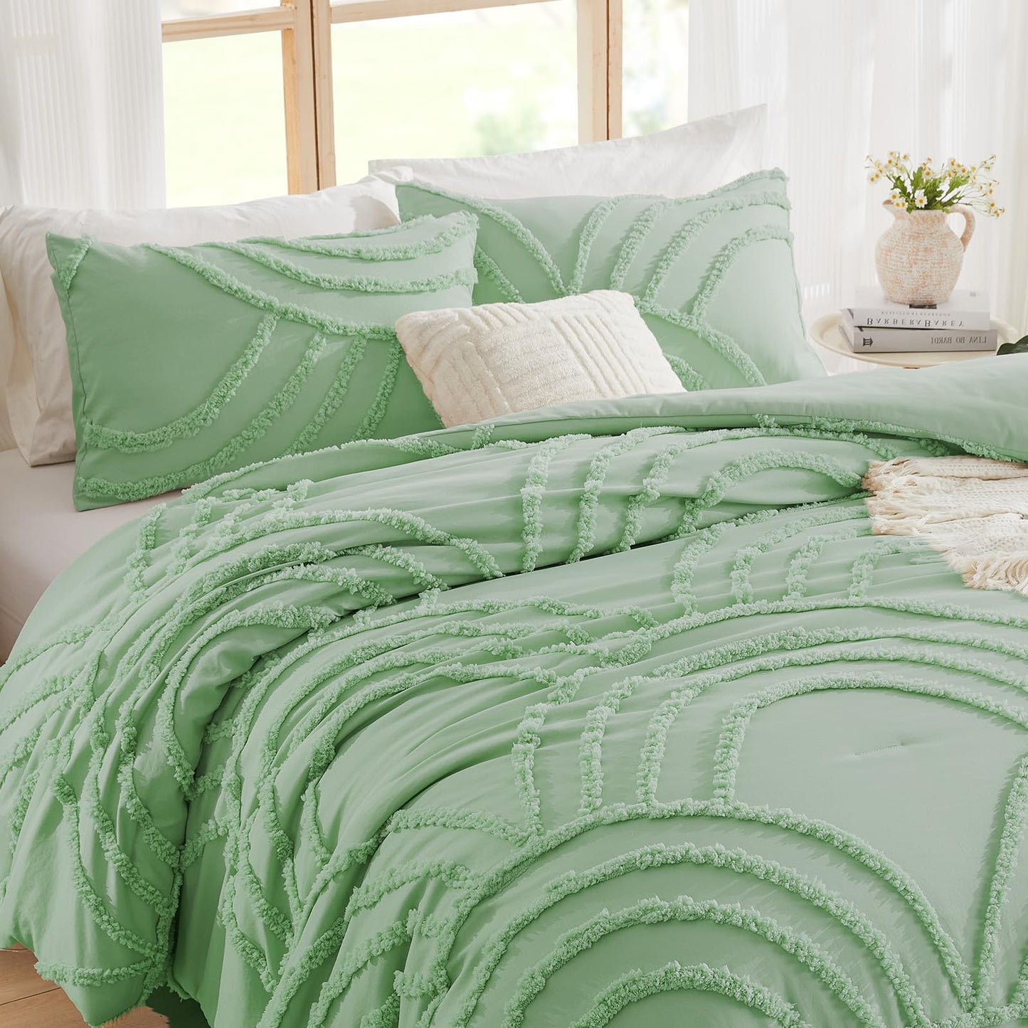 ENJOHOS Light Green Full Comforter Set - Full Size Boho Style Comforter, 3 Pieces Rainbow Bedding for All Season, Lightweight Soft Microfiber Comforter with 2 Pillowcase
