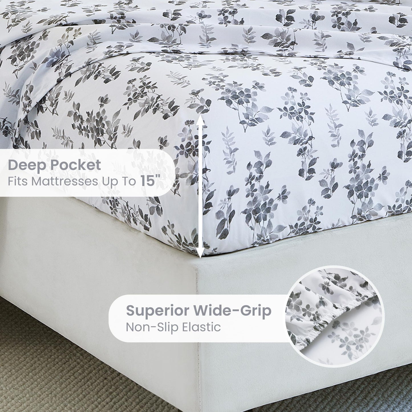 Mooreeke Cozy Vintage Microfiber Printed Full Sheet Set - Soft Breathable Percale Cotton Floral Bed Sheets with Deep Pocket - Non-Slip Fitted Design - Gradient Grey Small Flowers Pattern