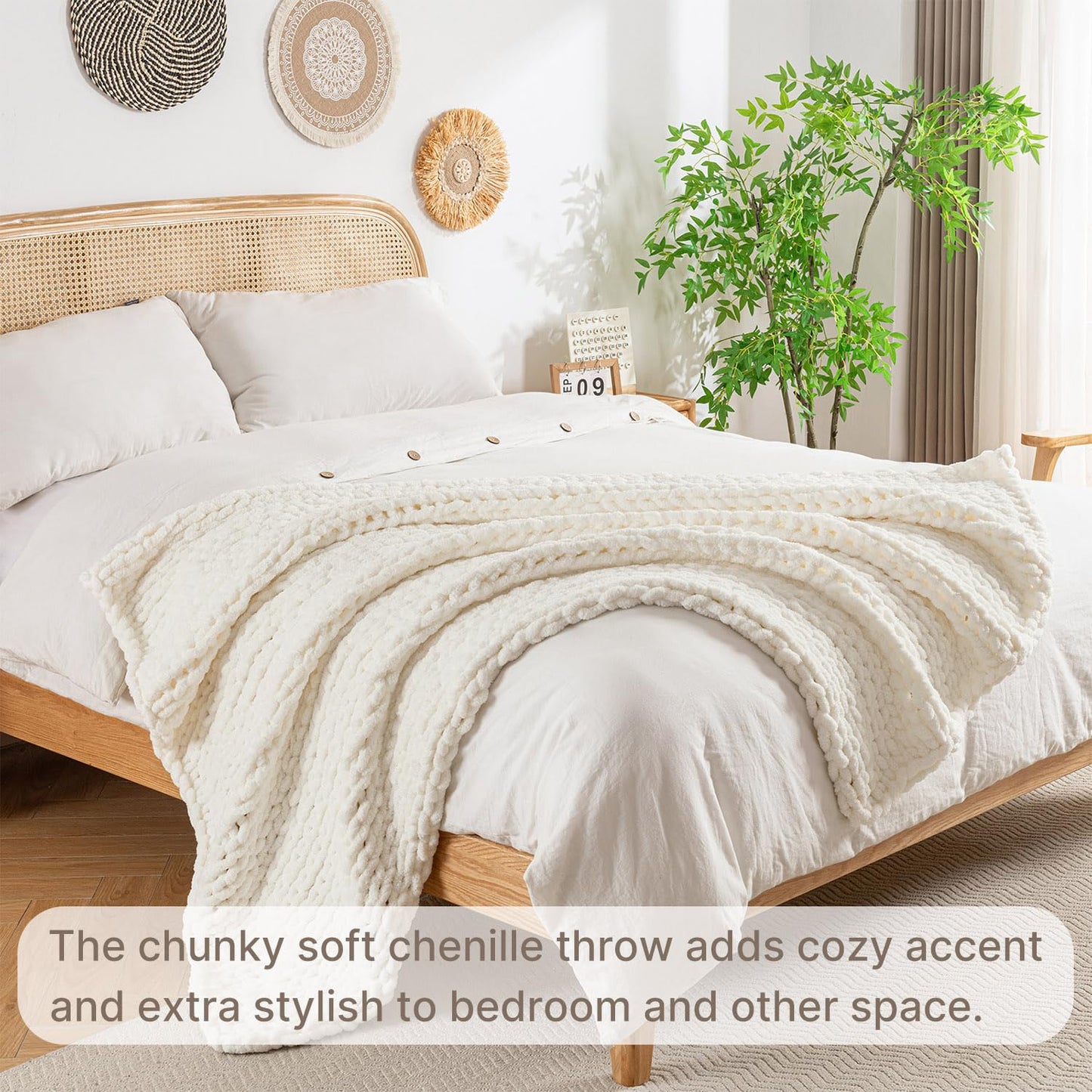 LAST MODA Chunky Knit Blanket Throw, 100% Hand Knit Throw Blanket Handmade Chenille Cable Knit Throw for Couch, Stylish Cozy Soft Rope Knot Crochet Blanket for Home Decor, Ivory, 50x60 Inches