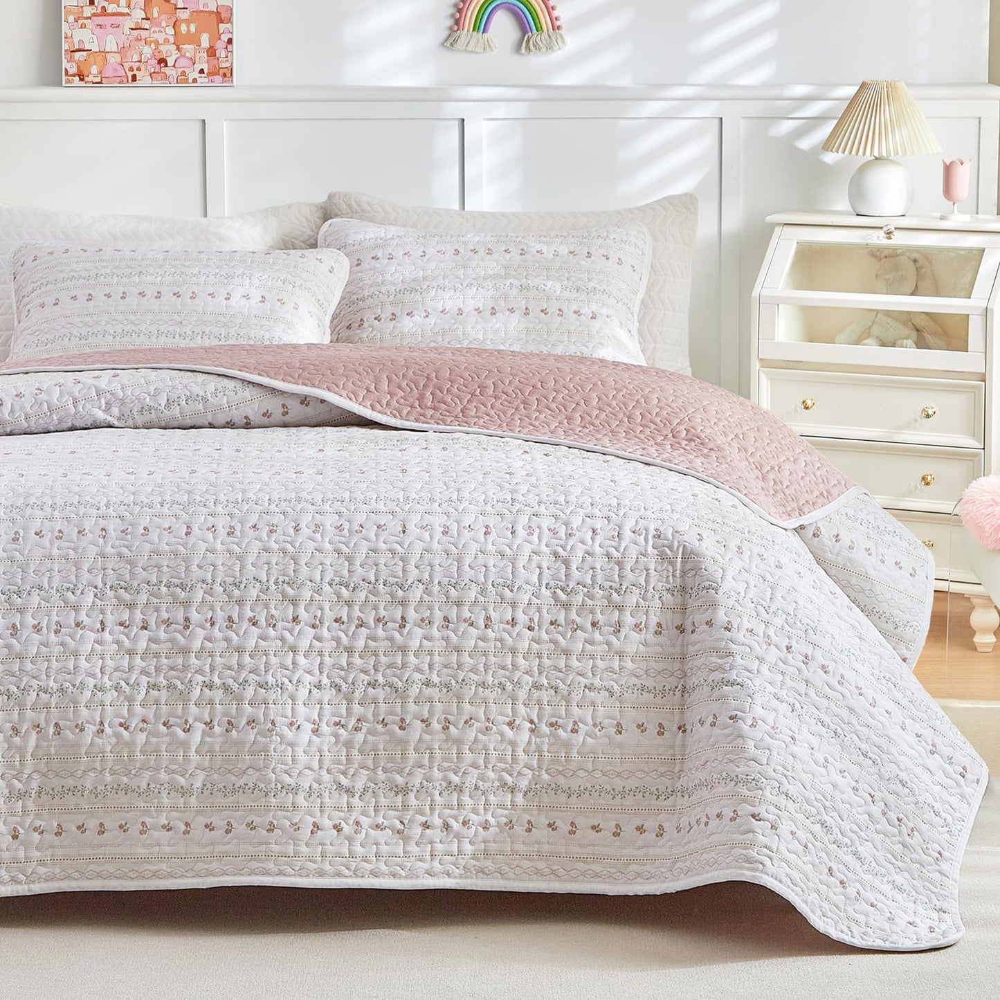 Joyreap 3 Pieces Cotton Quilt Set for Girls, Queen Size Pink Flower Stripes Boho Design for Girls, Cozy Lightweight Quilt Bedspread Bed Cover for All Season- 90x90 inches