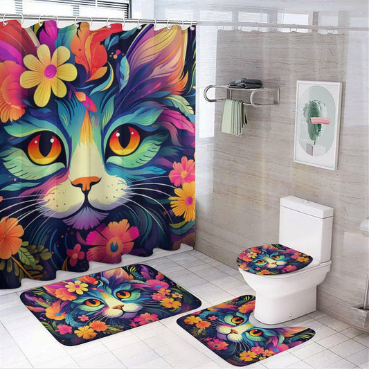 Dunmat 4 Pieces Colorful Abstract Cat Shower Curtain Set Funny Flower Animals Glam Bathroom Decor Sets with Rugs Bathroom Accessories Set Bathroom Curtain Shower Set with 12 Hooks