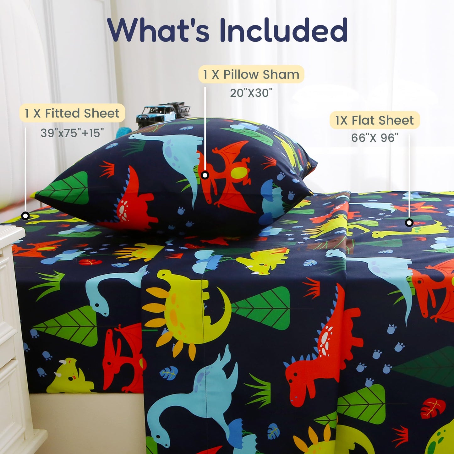 Softan Kids Twin Sheets Set, 3 Piece Dinosaur Bedding Set for Boys, Soft Breathable Microfiber with 15" Deep Pocket, Fitted Flat Sheet & Pillowcase