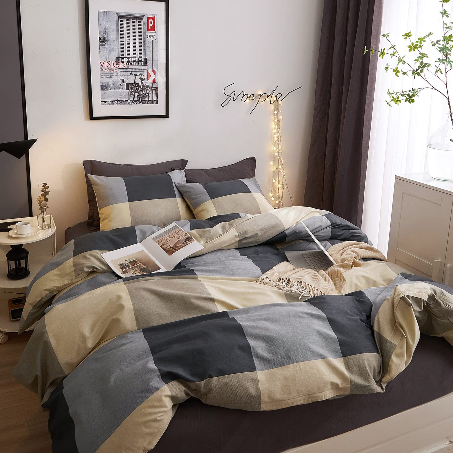 VM VOUGEMARKET Teens Boys Duvet Cover Queen,3 Pieces Black Gray Plaid Bedding Duvet Cover Set,100% Cotton Simple Modern Farmhouse Bedding Set Without Comforter-90x90,Checkered
