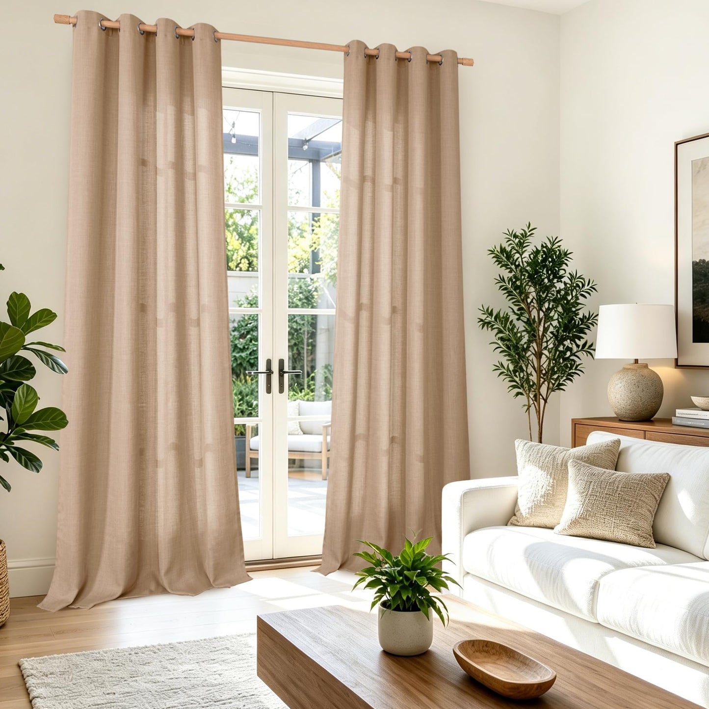 BGment Tan Curtains 84 Inch - Linen Burlap Texture Light Filtering Semi Sheer Boho Farmhouse Window Panels for Living Room, Set of 2, 52" Wide