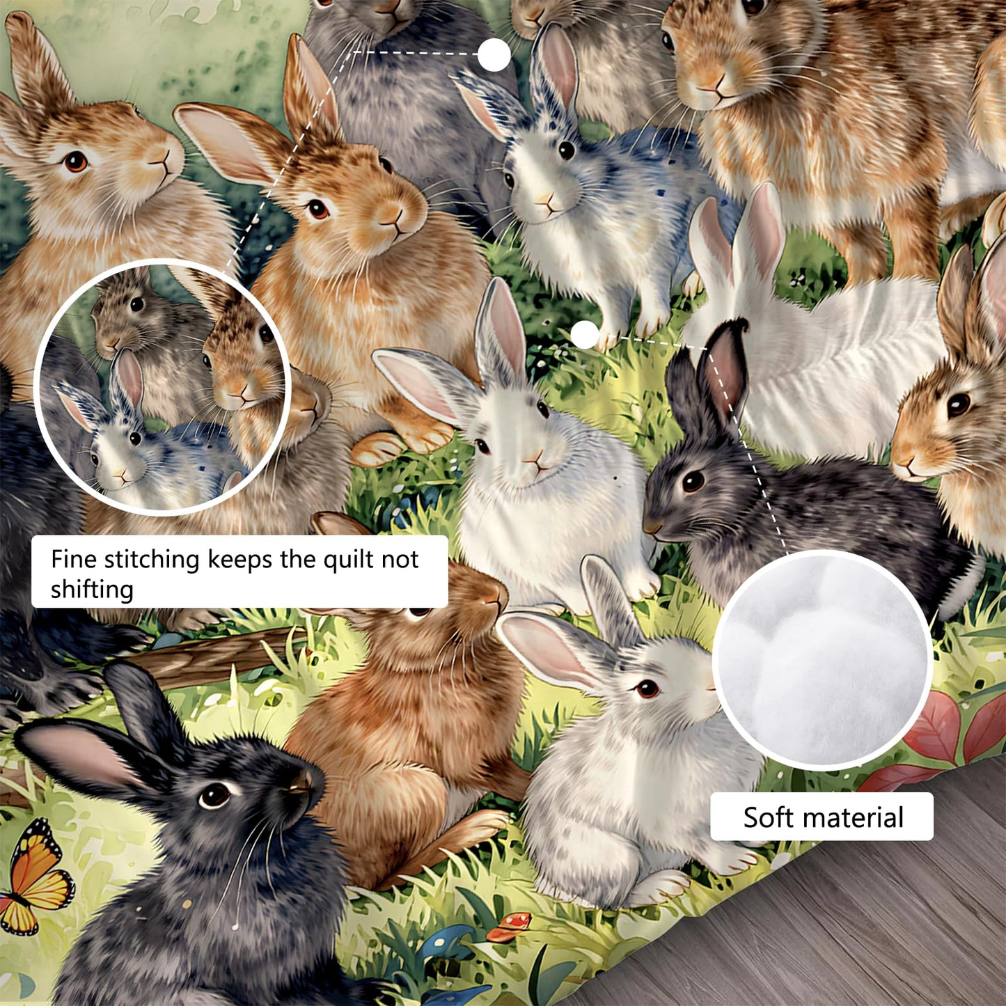 EDGZKO Cute Rabbit Comforter Set, Queen Size Bunny Happy Easter Bedding Set for Boys Girls Kids Teens Adults, Wild Animals Quilt Duvet Bed Set, Wildlife Bedroom Decor 1 Comforter & 2 Pillowcases