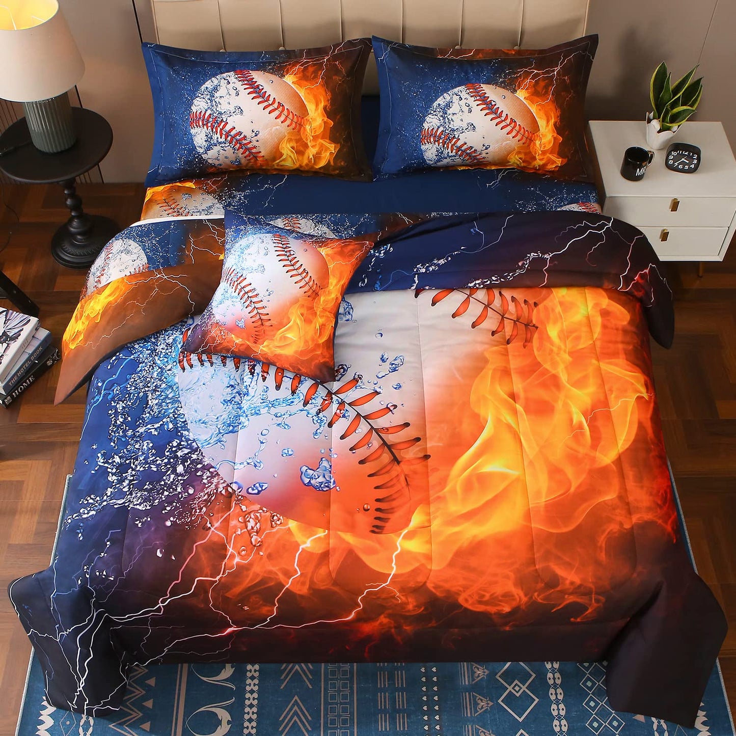 JQinHome Queen Baseball and Fire Comforter Sets for Boys,6 Piece Bed in A Bag 3D Sport Themed Bedding -All Season Soft Microfiber Bedding Sets with Sheets