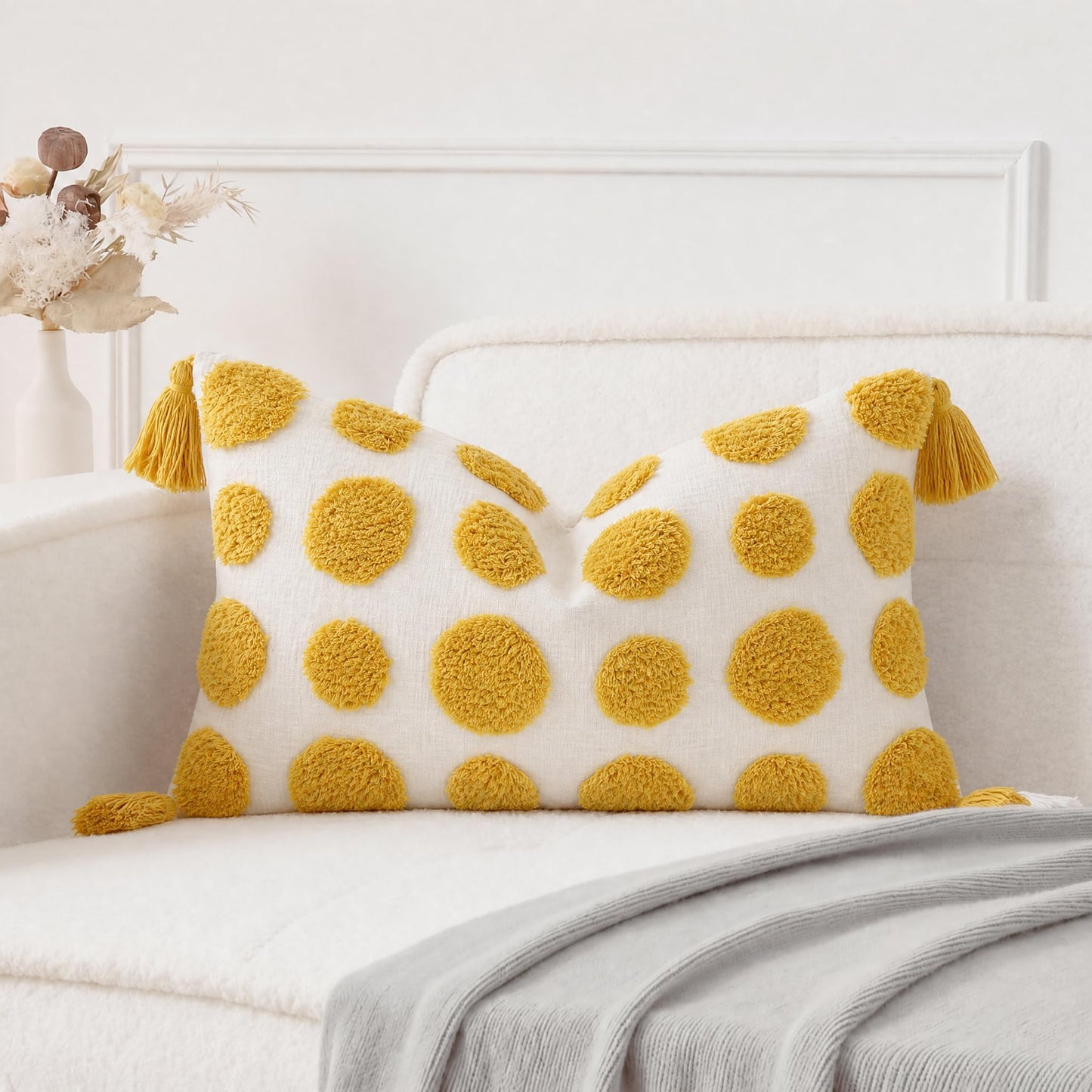 PANOD Super Soft Farmhouse Decorative Plush Throw Pillow Covers 12 x 20 Yellow,Solid Pom pom Tufted with Tassels Modern Accent Boho Lumbar Cushion Cover Pillow Case for Couch Sofa