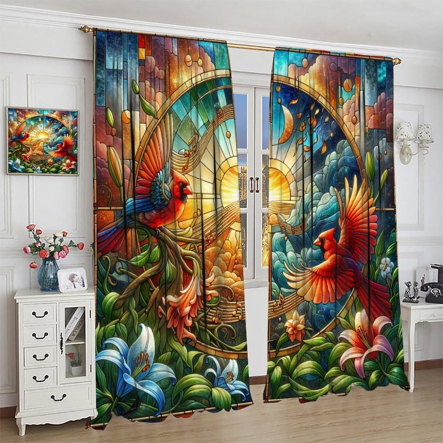 FengMingRui Cardinal Stained Glass Curtains Modern Art Flower Bird Note Dream Blackout Window Treatments for Kids Boys Girls Bedroom Living Room Window Drapes 42" W X 45" L