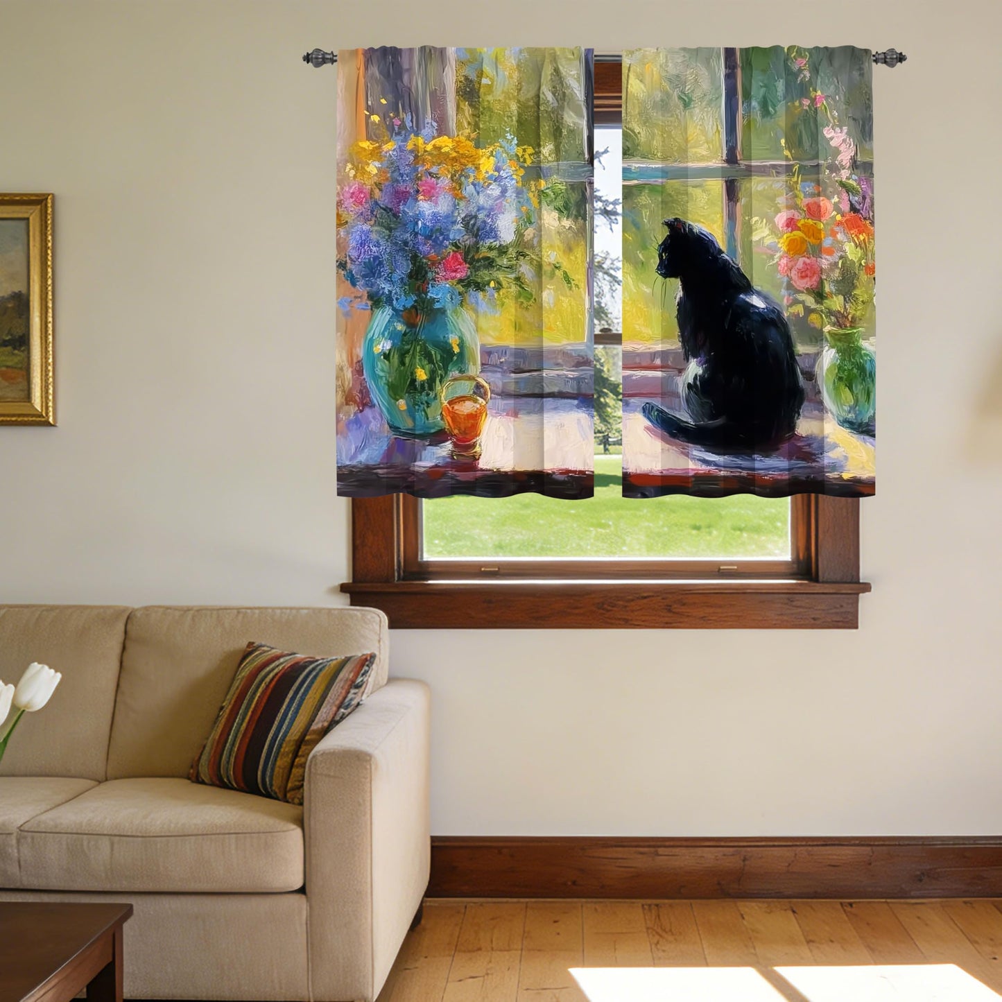Ecixzyo Cat Flower Kitchen Curtains Short Rod Pocket Drapes Tiers Window Curtains for Basement Bathroom 2 Panels 28x36in