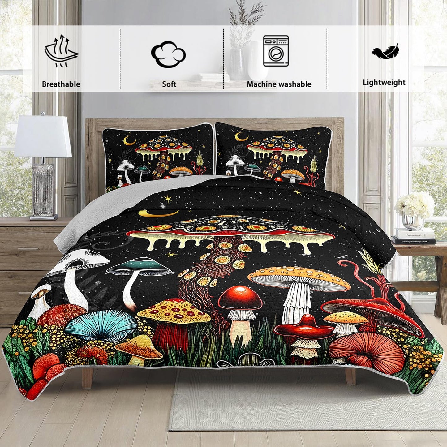UEVBF Kids Mushroom Bedding Set King Size,Natural Wild Fungus Quilt Sets for Kids Boys Girls Room Decor,Botanical Plants Soft Lightweight Quilt Sets with 2 Pillowcases.