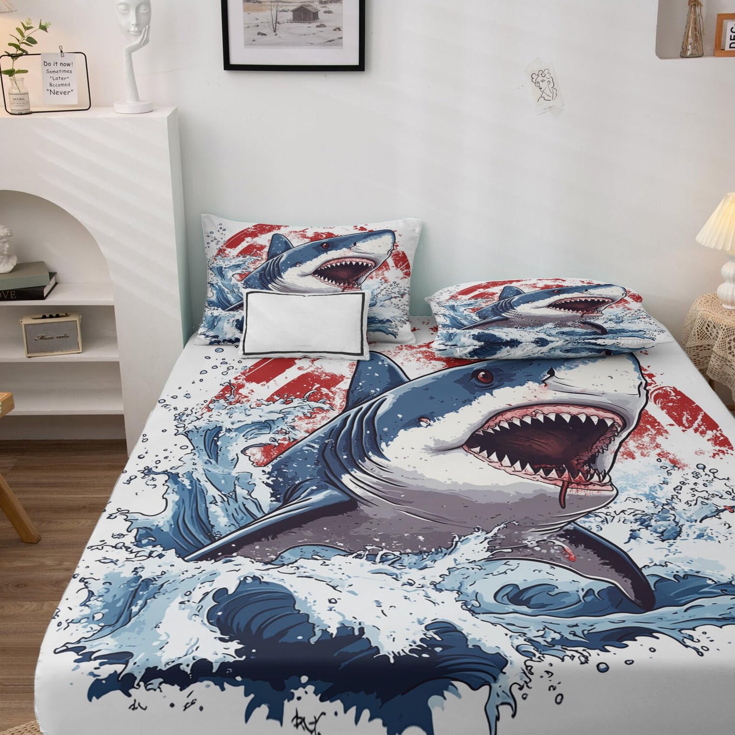 NOGAWA Shark Sheets Queen, Sea Life Bed Sheets, Deep Pocket & Soft Microfiber Bedding Sheets & Pillowcases 4 Piece - Fitted Sheet & Flat Sheet & 2 Pillow Cases