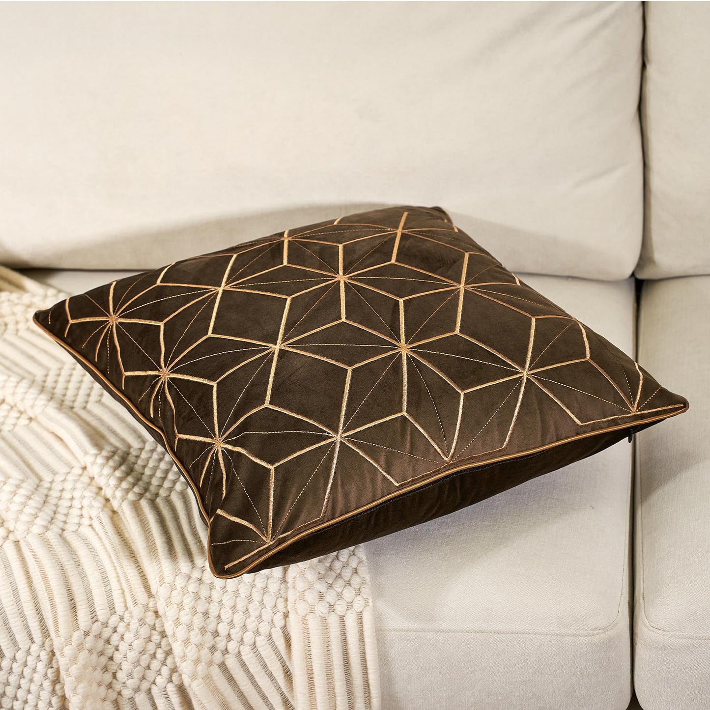 Aeckself Dark Brown Gold Plaid Geometric Throw Pillow Covers 20x20 Inch, Luxury Embroidery Velvet Cushion Case Square Modern Decorative Pillow Covers for Couch Living Room Bedroom