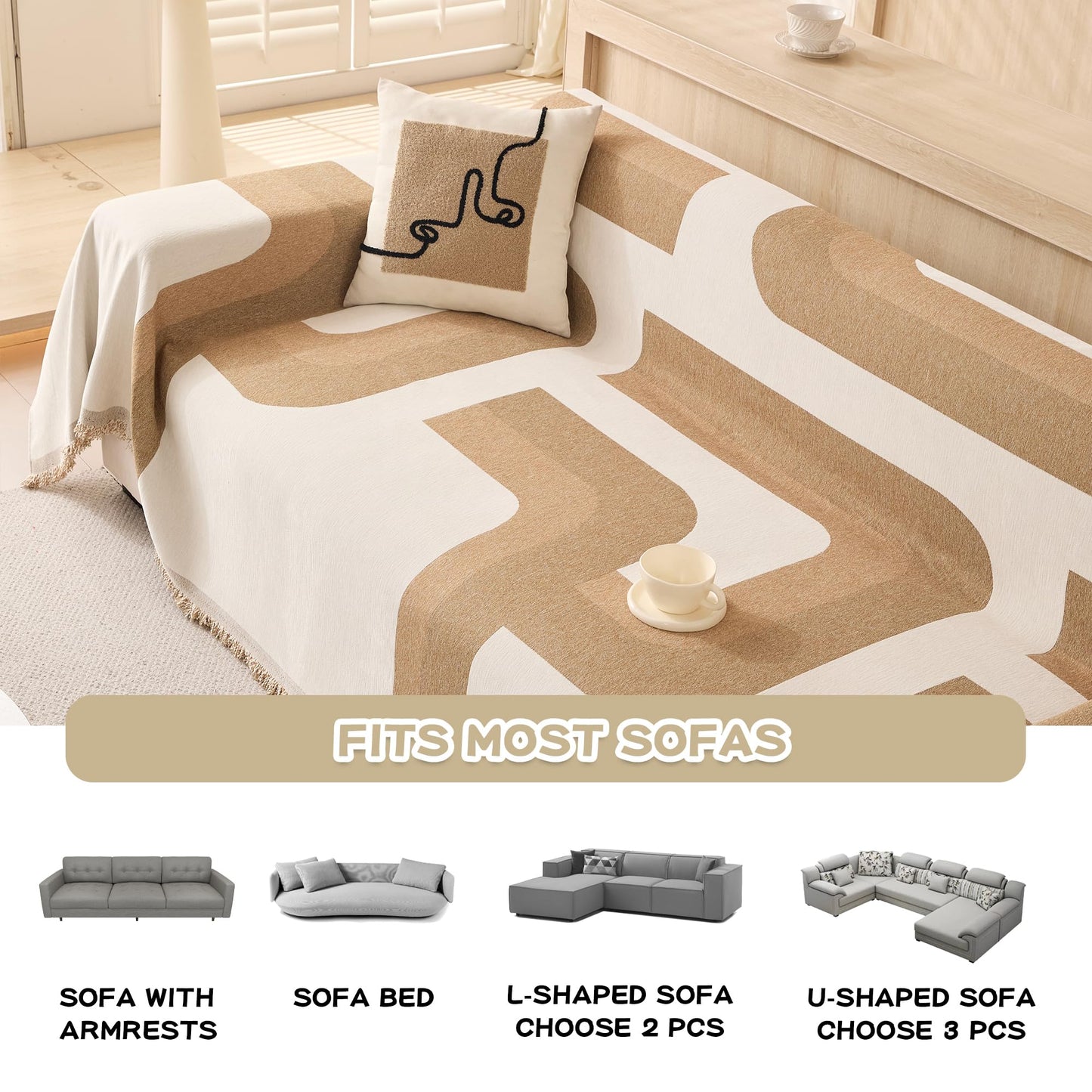 MEETSKY Boho Couch Cover Sofa Covers for 2 Cushion Couch Washable Sectional Couch Covers for Dogs Pet Furniture Protector Couch Cover Blanket for Living Room, 91" x 118", Khaki Geometry